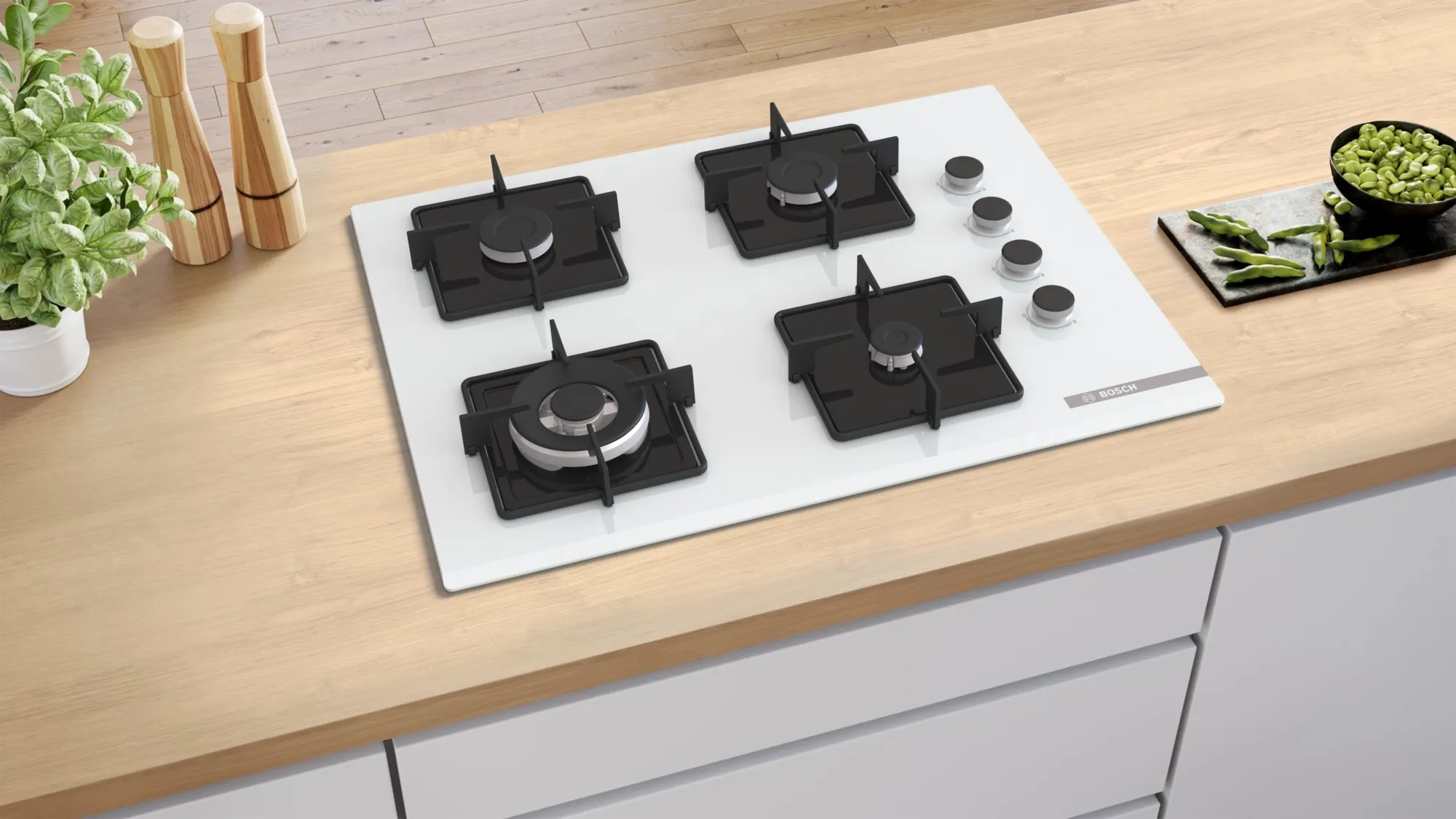 Bosch POH7C2P30O Wok Gözlü Beyaz Cam Ankastre Ocak