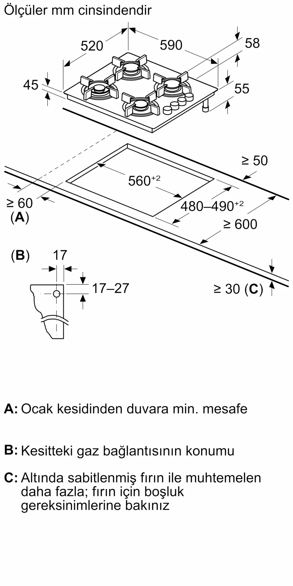 Bosch POP6C6P30O Siyah Gazlı Ankastre Ocak